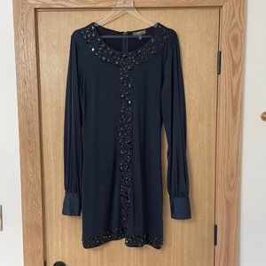 Navy Beaded Mini Dress, Long Sleeve